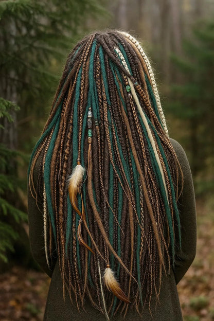 Brown, Blonde & Green Double Ended Boho Fake Dreads – Forest Inspired Set