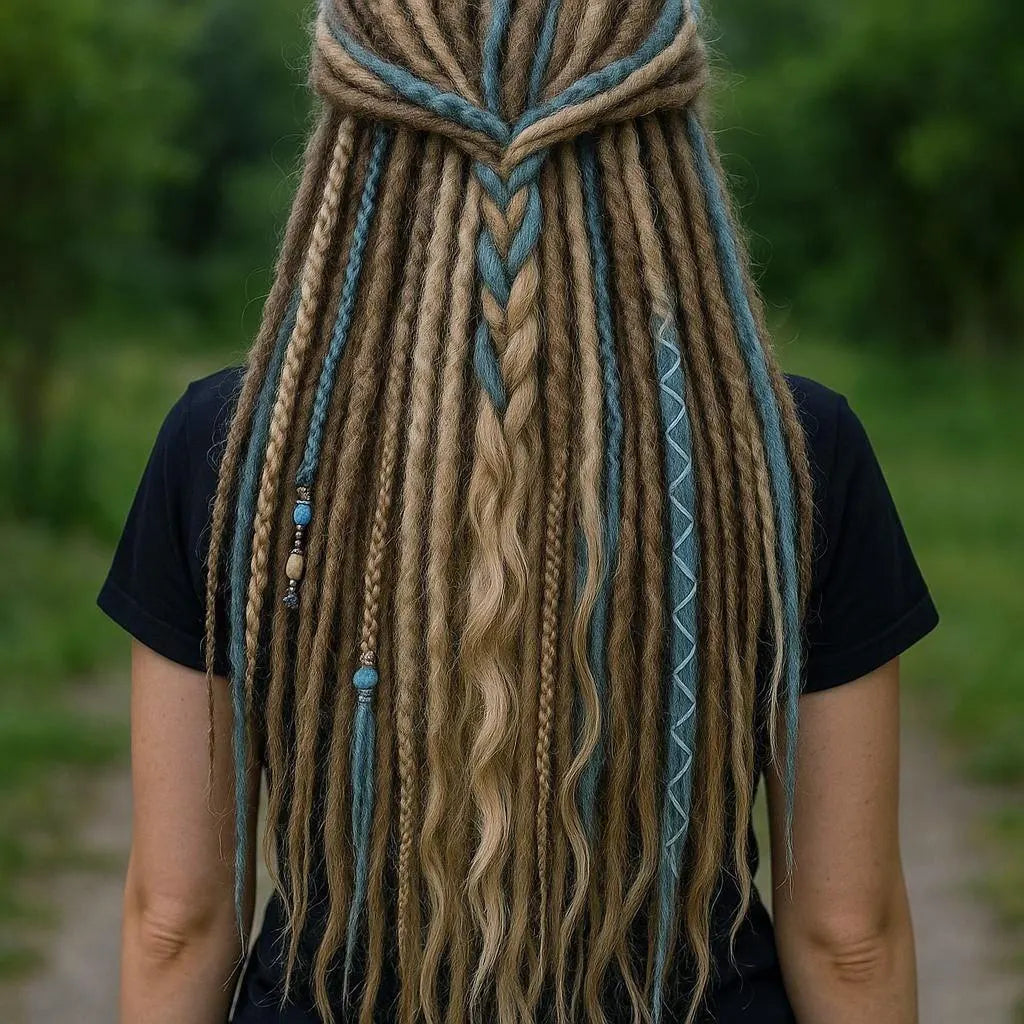 Dirty Blonde & Blue Double Ended Boho Fake Dreads with Loose Curls