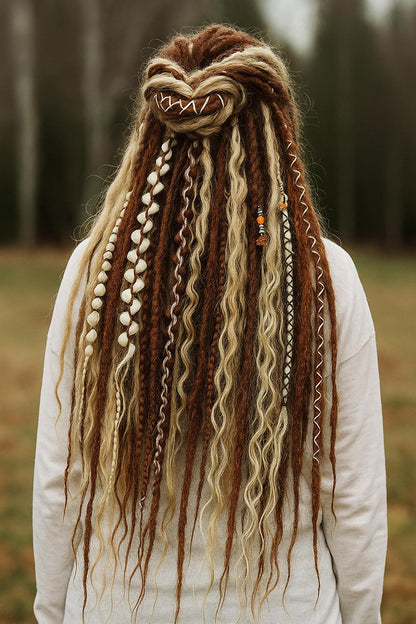 Warm Brown & Blonde Double Ended Boho Fake Dreads with Loose Curls