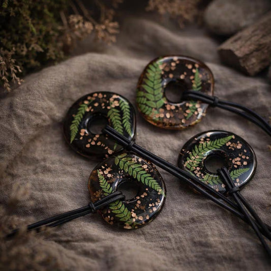 Handcrafted Wood Dreadlock Tie with Fern – Wrap Tie with Button and Stick Closure