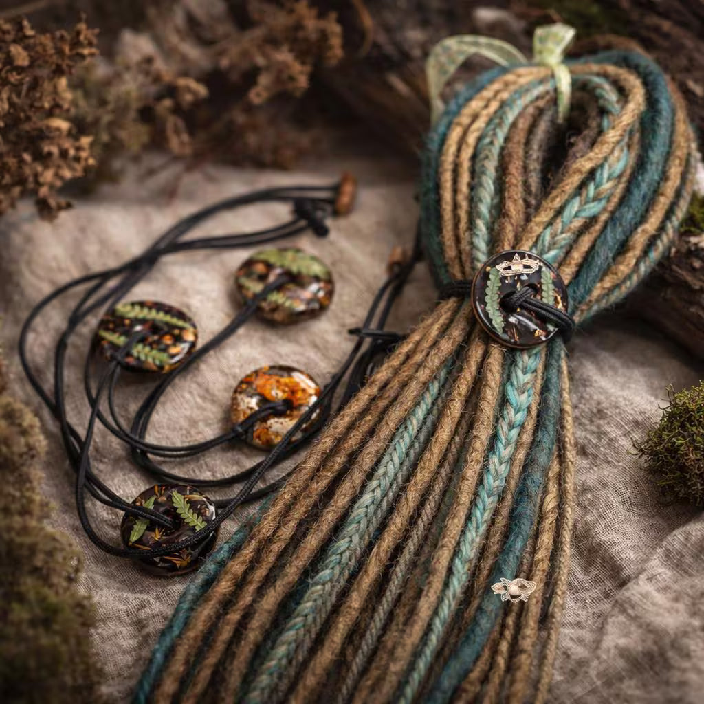 Handgefertigte Holz-Dreadlock-Krawatte mit Farn – Wickelkrawatte mit Knopf- und Stabverschluss