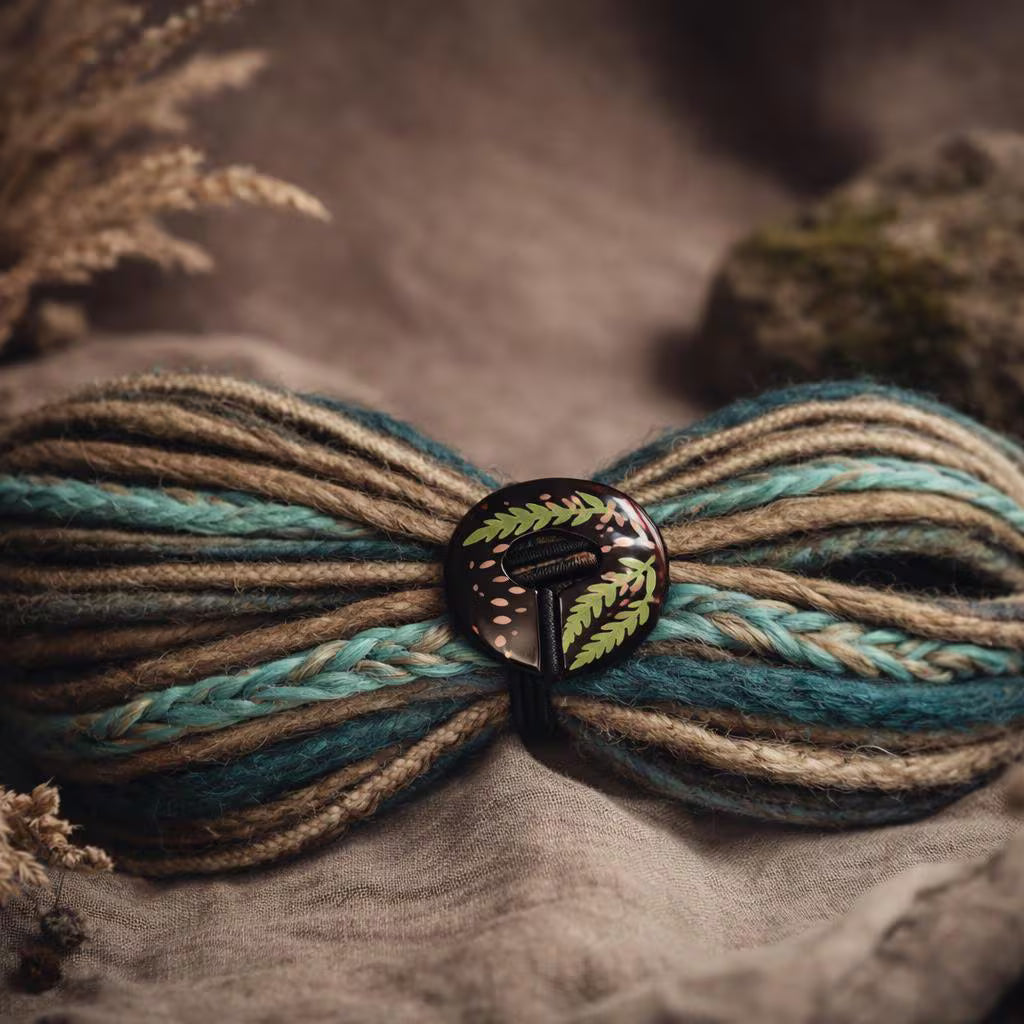 Handgefertigte Holz-Dreadlock-Krawatte mit Farn – Wickelkrawatte mit Knopf- und Stabverschluss