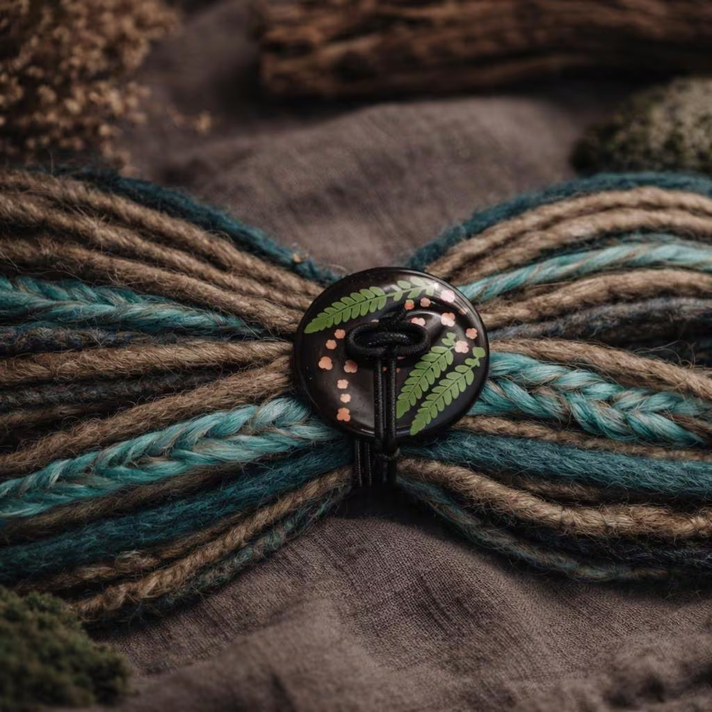 Handgefertigte Holz-Dreadlock-Krawatte mit Farn – Wickelkrawatte mit Knopf- und Stabverschluss