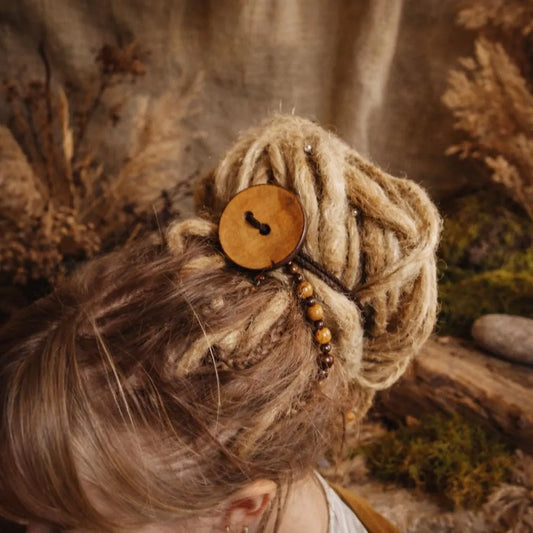 Handcrafted Wood Dreadlock Tie with Button Closure – Rustic Bun Holder