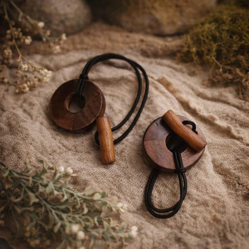 Handgefertigter Dreadlock-Bindeband aus Holz – Dunkles, rustikales Wickelband mit Knopf- und Stabverschluss