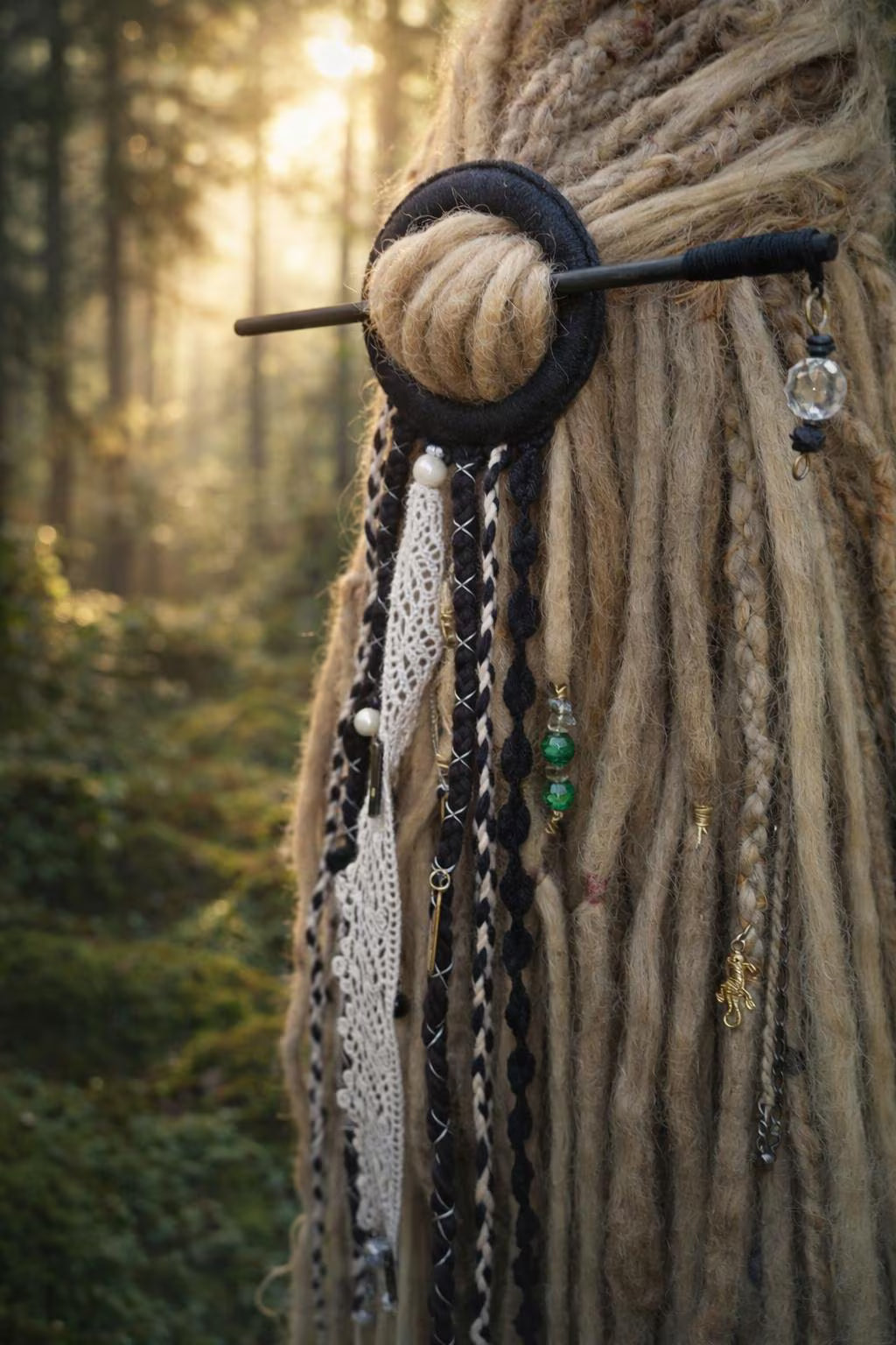 Black Tribal Dreadlock Hair Ring Barrette – Boho Hair Stick with Tassels