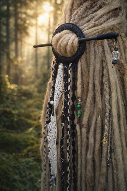 Black Tribal Dreadlock Hair Ring Barrette – Boho Hair Stick with Tassels