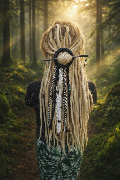 Black Tribal Dreadlock Hair Ring Barrette – Boho Hair Stick with Tassels