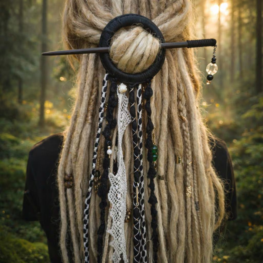 Black Tribal Dreadlock Hair Ring Barrette – Boho Hair Stick with Tassels