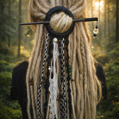 Black Tribal Dreadlock Hair Ring Barrette – Boho Hair Stick with Tassels