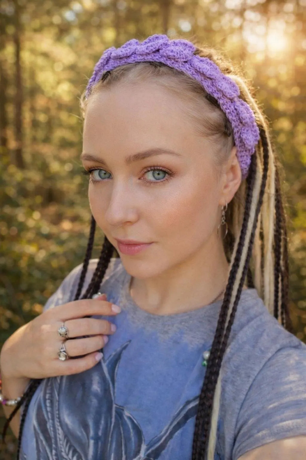 Lavender Crochet Lace Hair Tie – Boho Headband with Resin Button