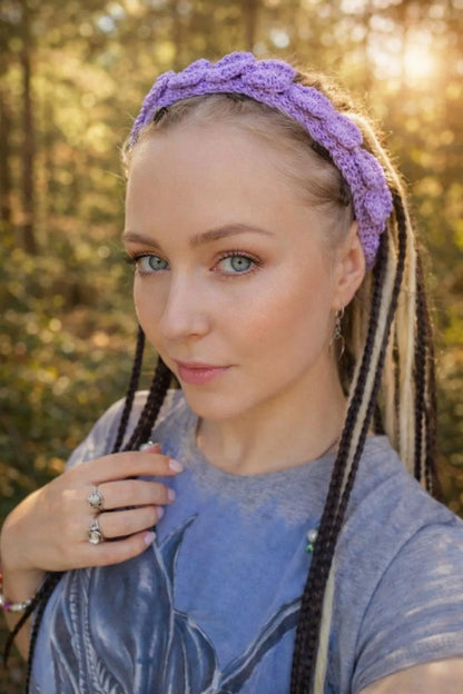 Lavender Crochet Lace Hair Tie – Boho Headband with Resin Button