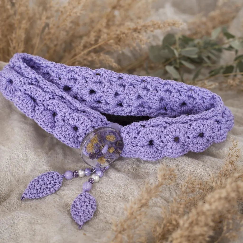 Lavender Crochet Lace Hair Tie – Boho Headband with Resin Button