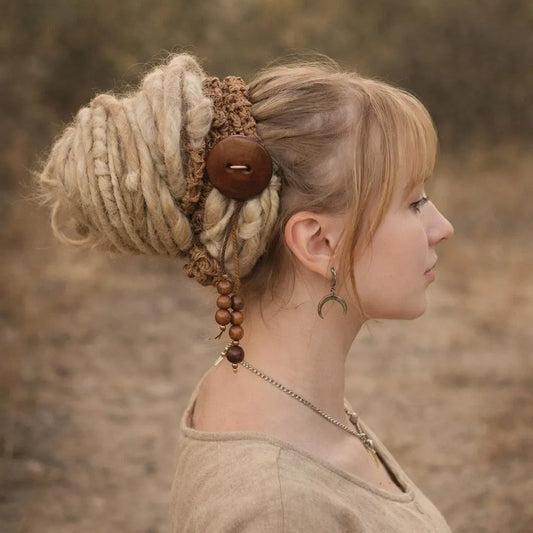 Boho Wooden Dreadlock Tie – Bun Holder with Crochet Lace and Beads