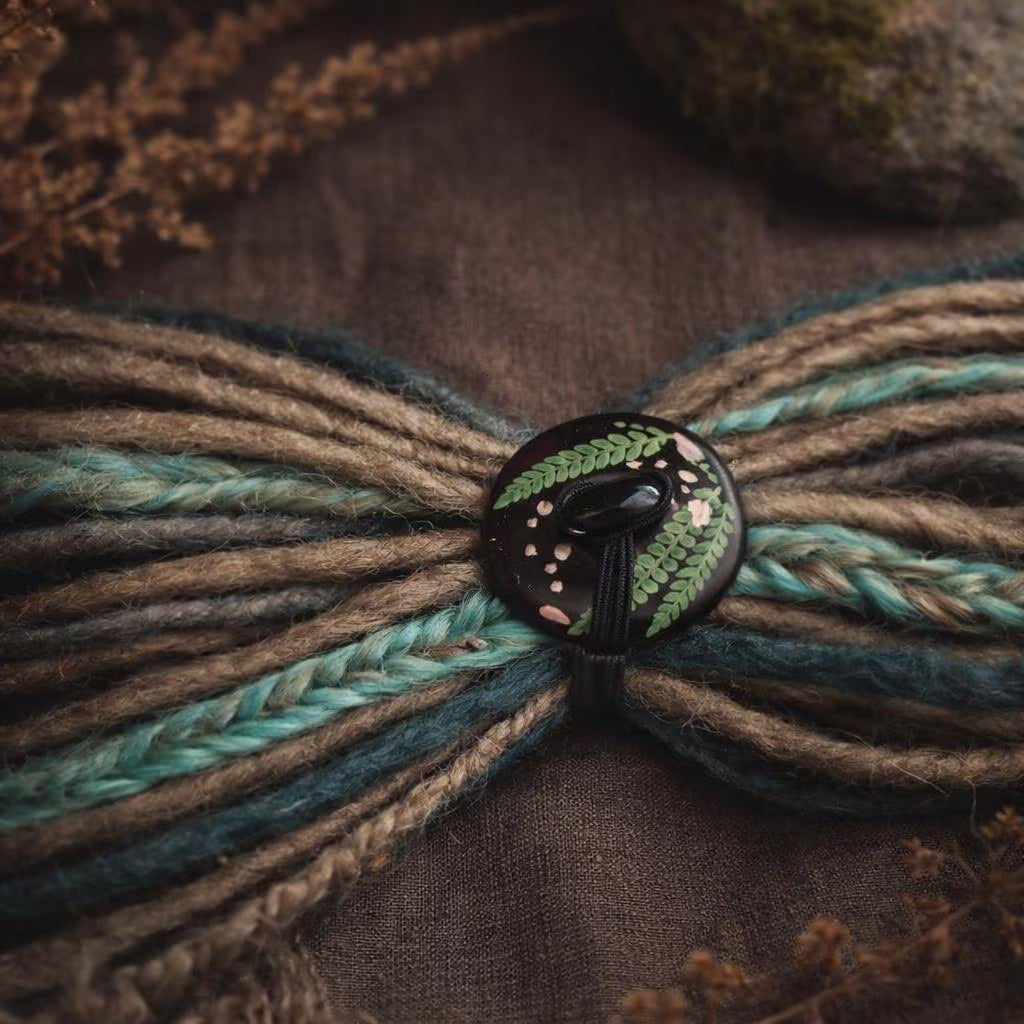 Handgefertigte Holz-Dreadlock-Krawatte mit Farn – Wickelkrawatte mit Knopf- und Stabverschluss