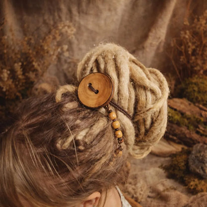 Handcrafted Wood Dreadlock Tie with Rubber Band Button – Rustic Bun Holder