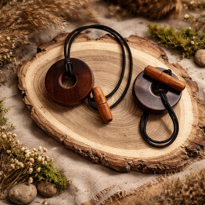 Handgefertigter Dreadlock-Bindeband aus Holz – Dunkles, rustikales Wickelband mit Knopf- und Stabverschluss