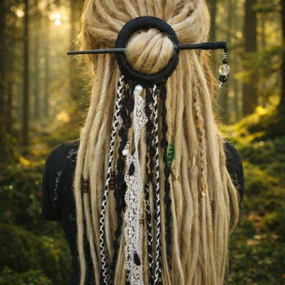 Black Tribal Dreadlock Hair Ring Barrette – Boho Hair Stick with Tassels