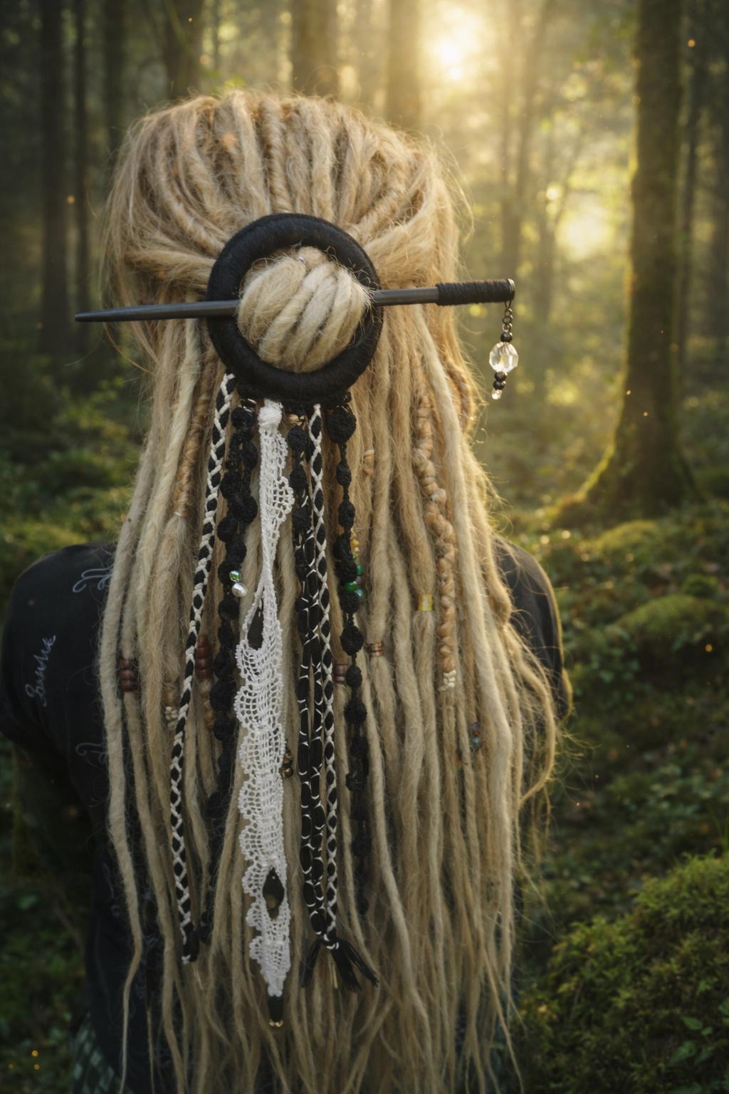 Black Tribal Dreadlock Hair Ring Barrette – Boho Hair Stick with Tassels