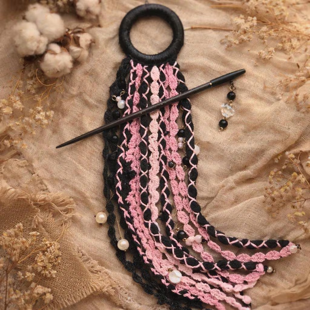 Black & Pink Tribal Dreadlock Hair Ring with Stick – Boho Statement Barrette