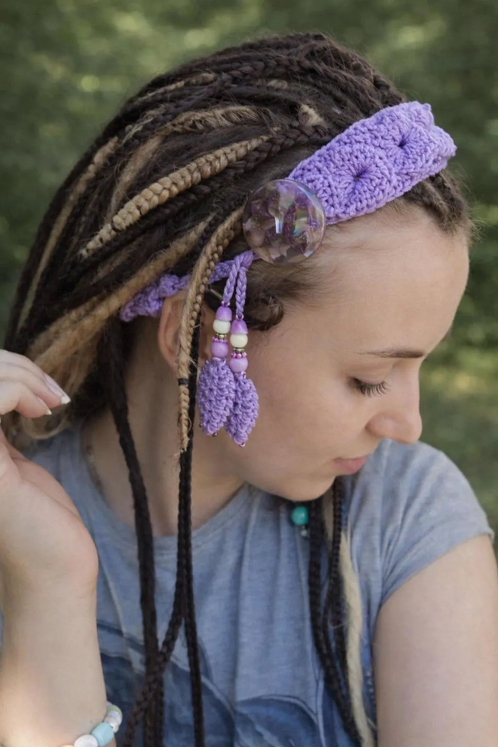 Lavender Crochet Lace Hair Tie – Boho Headband with Resin Button