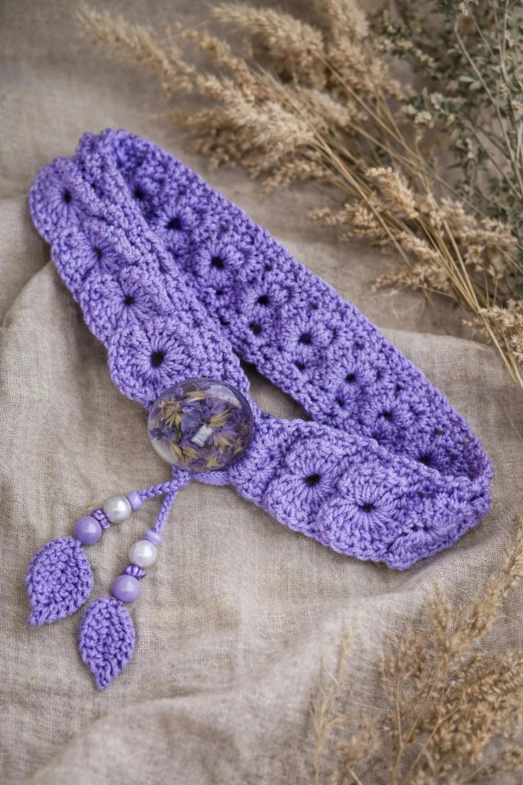 Lavender Crochet Lace Hair Tie – Boho Headband with Resin Button