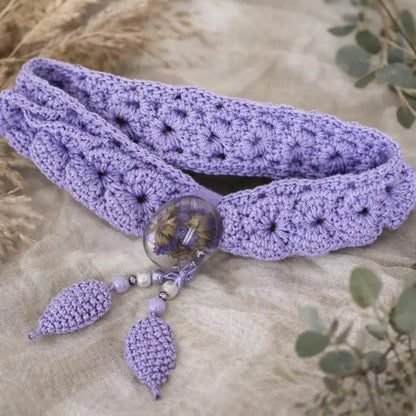Lavender Crochet Lace Hair Tie – Boho Headband with Resin Button