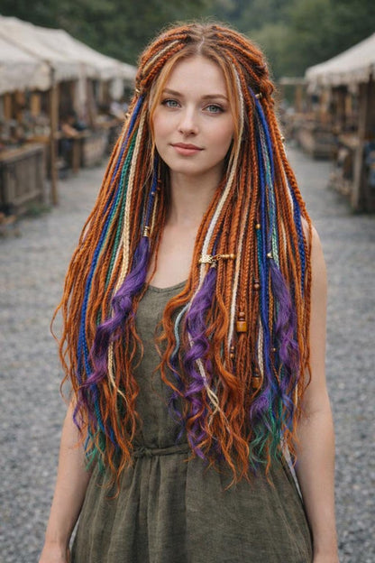 Kupferrotbraune Dreadlock-Extensions mit Locken – Weiche Synthetik-Dreads, leicht