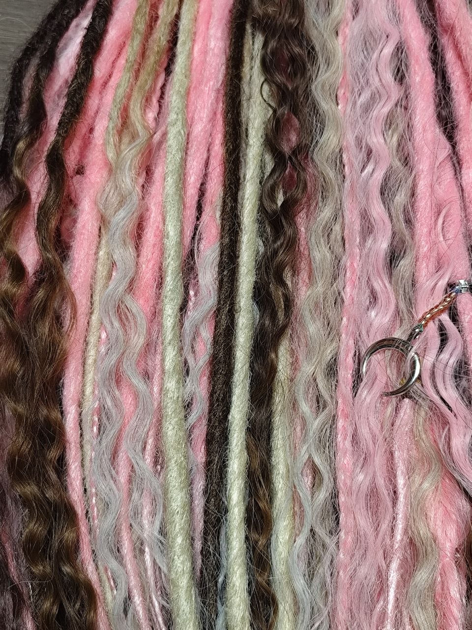 Pink Brown Blonde Boho Dreadlock Extensions with Braids & Loose Curls