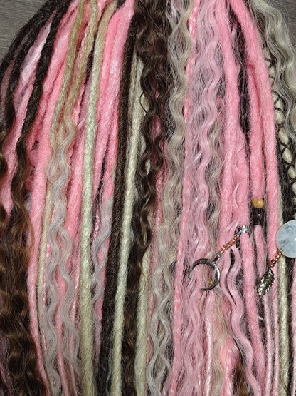 Pink Brown Blonde Boho Dreadlock Extensions with Braids & Loose Curls