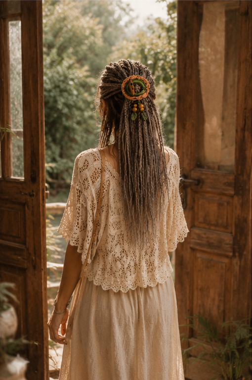 Terracotta Crochet Hair Cuff with Wooden Toggle for Dreadlocks, Braids and Thick Hair