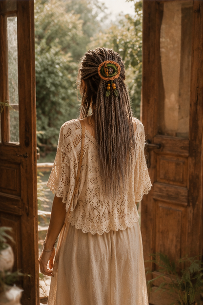 Terracotta Crochet Hair Cuff with Wooden Toggle for Dreadlocks, Braids and Thick Hair