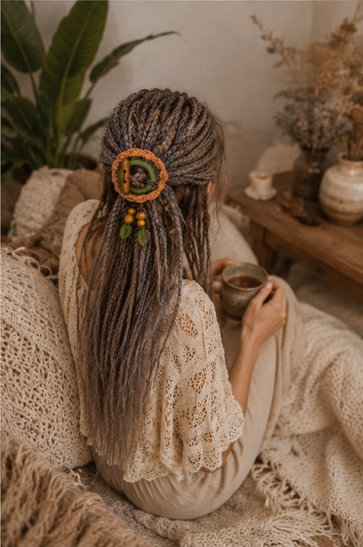 Terracotta Crochet Hair Cuff with Wooden Toggle for Dreadlocks, Braids and Thick Hair