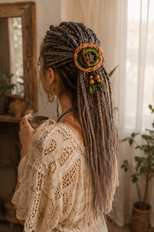 Terracotta Crochet Hair Cuff with Wooden Toggle for Dreadlocks, Braids and Thick Hair
