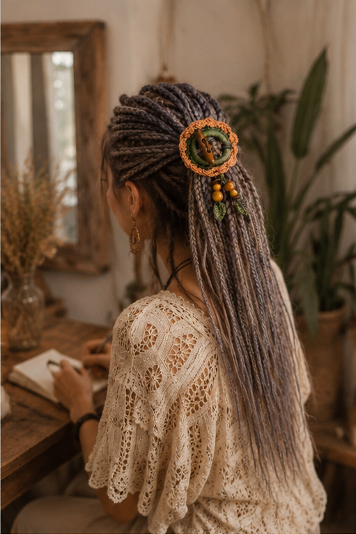 Terracotta Crochet Hair Cuff with Wooden Toggle for Dreadlocks, Braids and Thick Hair