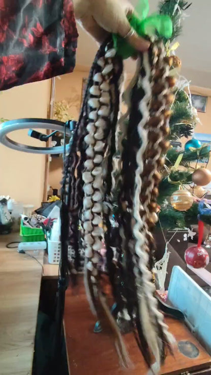 Boho Curly Dreads Dark Brown & Cream – Double Ended Synthetic Dread Extensions