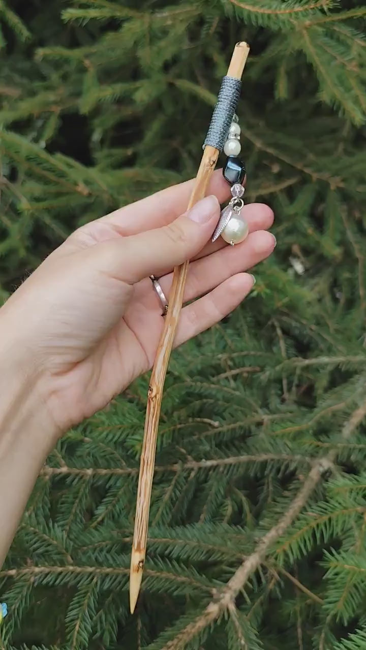 Gray Bohemian Hair Stick - Handcrafted Wooden Hair Accessory