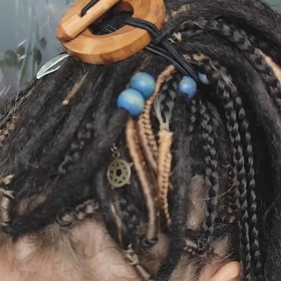 Handcrafted Wood Dreadlock Tie with Rubber Band Button and Stick