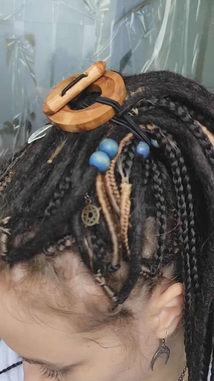 Handcrafted Wood Dreadlock Tie with Rubber Band Button and Stick