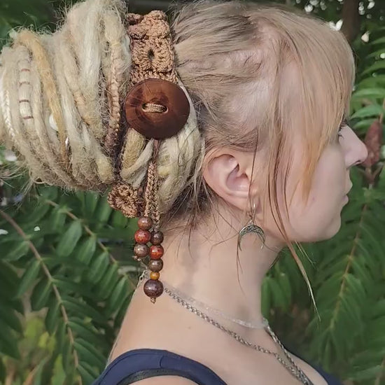 Boho Wood Hair Tie for Bun with Crocheted Lace and Rubber Band