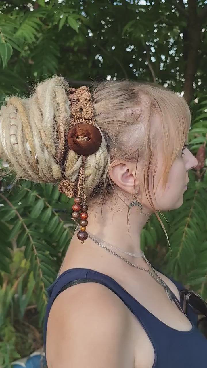 Boho Wood Hair Tie for Bun with Crocheted Lace and Rubber Band