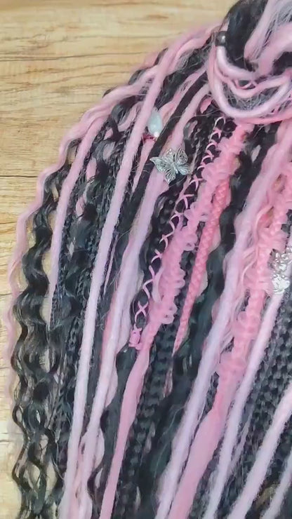 Black & Pink Hidden Base Visible Length Hair Extensions – Dark Romantic Curls with Subtle Dread Accents