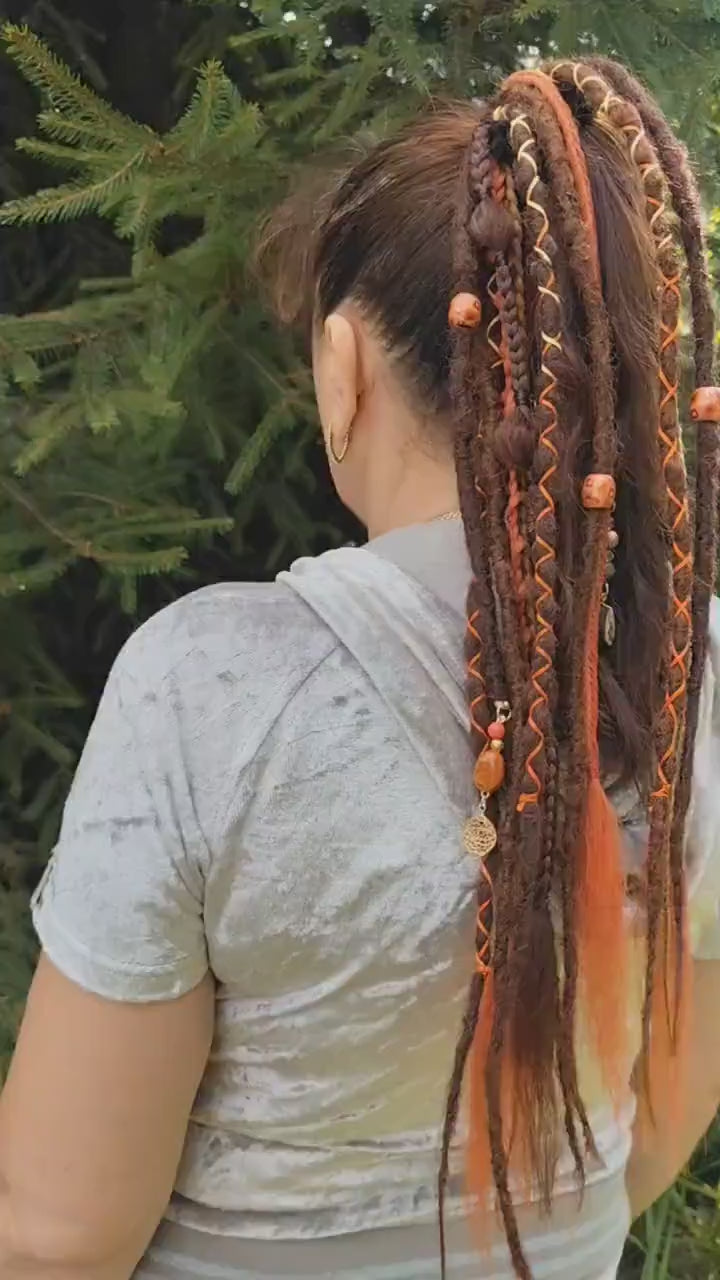 Witchy Vibes Dreadlock Ponytail Set - Red and Brown Synthetic Dreads on Elastic Band