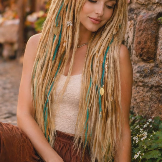 Sandy Blonde Turquoise Dreadlock Extensions – Boho Synthetic Dreads