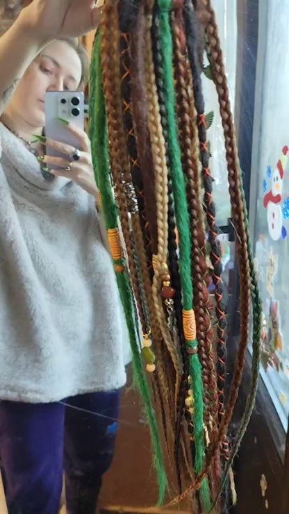 Forest Fake Dread Ponytail – Brown Green Dreadlock Extension on Elastic Band