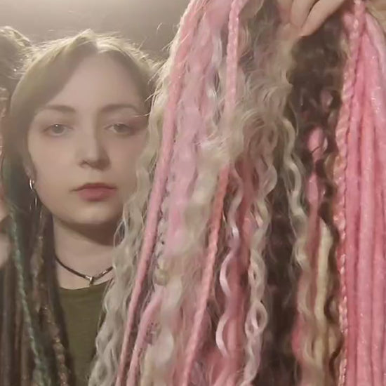 Pink Brown Blonde Boho Dreadlock Extensions with Braids & Loose Curls