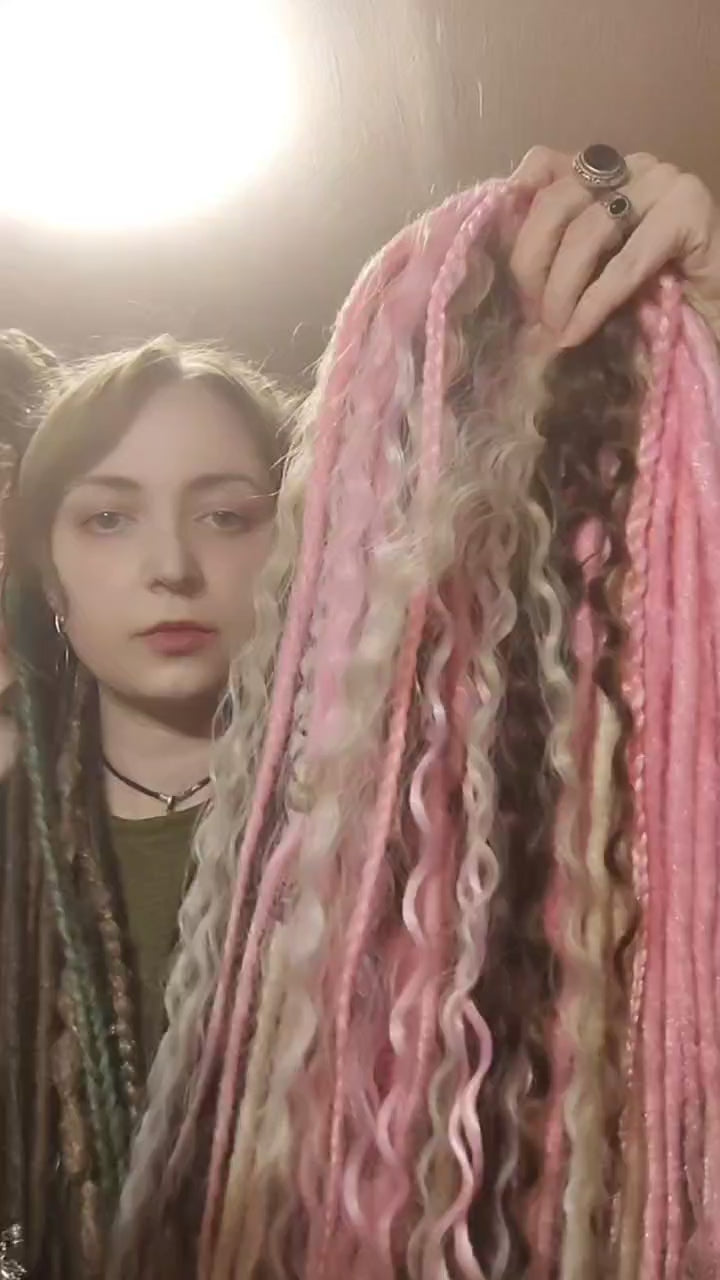 Pink Brown Blonde Boho Dreadlock Extensions with Braids & Loose Curls