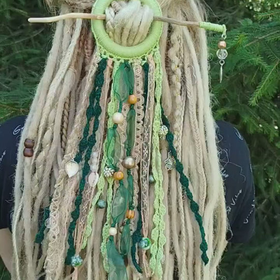 Boho-Chic Handmade Green Tribal Dreadlock Hair Ring Barette - Unique Dreadcuff