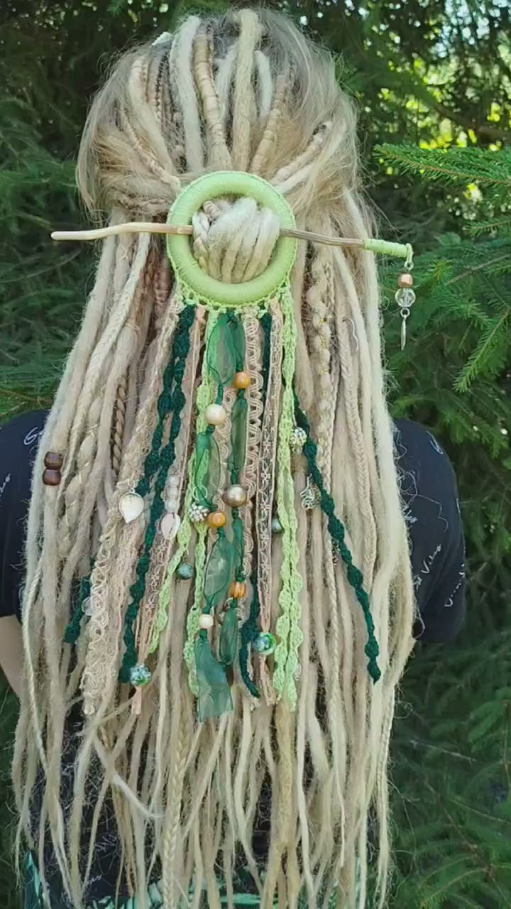 Boho-Chic Handmade Green Tribal Dreadlock Hair Ring Barette - Unique Dreadcuff