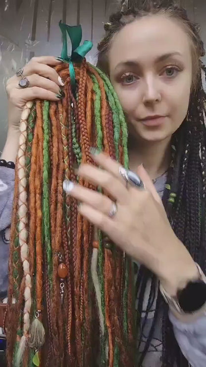 Vibrant Ginger, Green, and Blonde Synthetic Dread and Braids Extensions Set